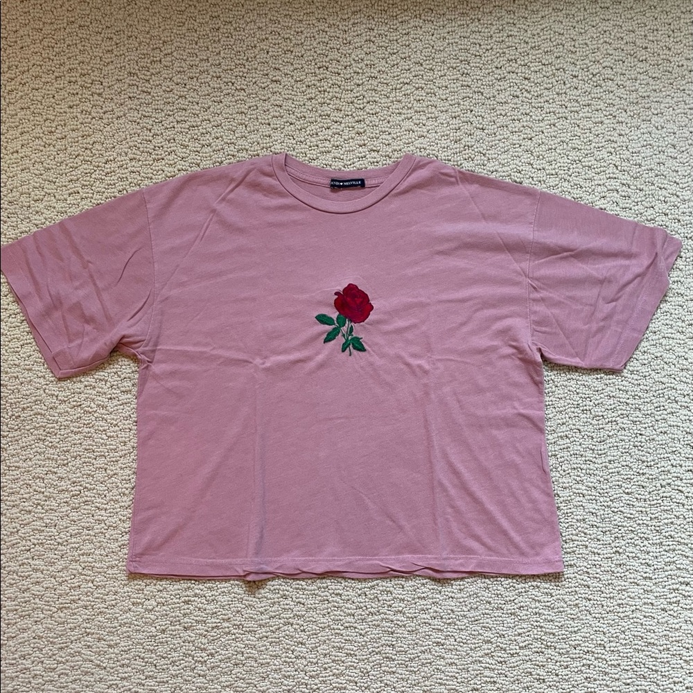 BRANDY MELVILLE PINK EMBROIDERED ROSE TOP